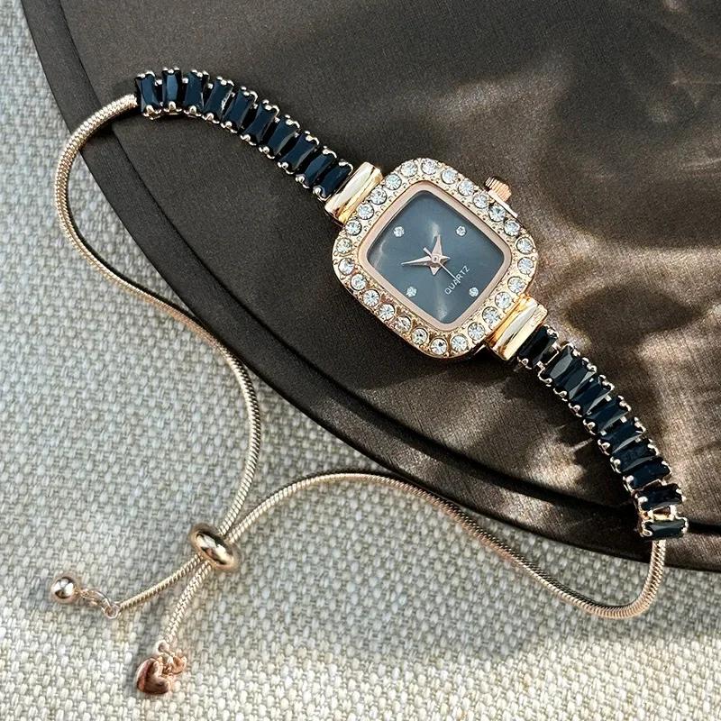 Women's Inlaid Zircon Flexible Pull Out Bracelet with Diamond Square Alloy Case Rhinestone Scale Simple Dial Quartz Watch