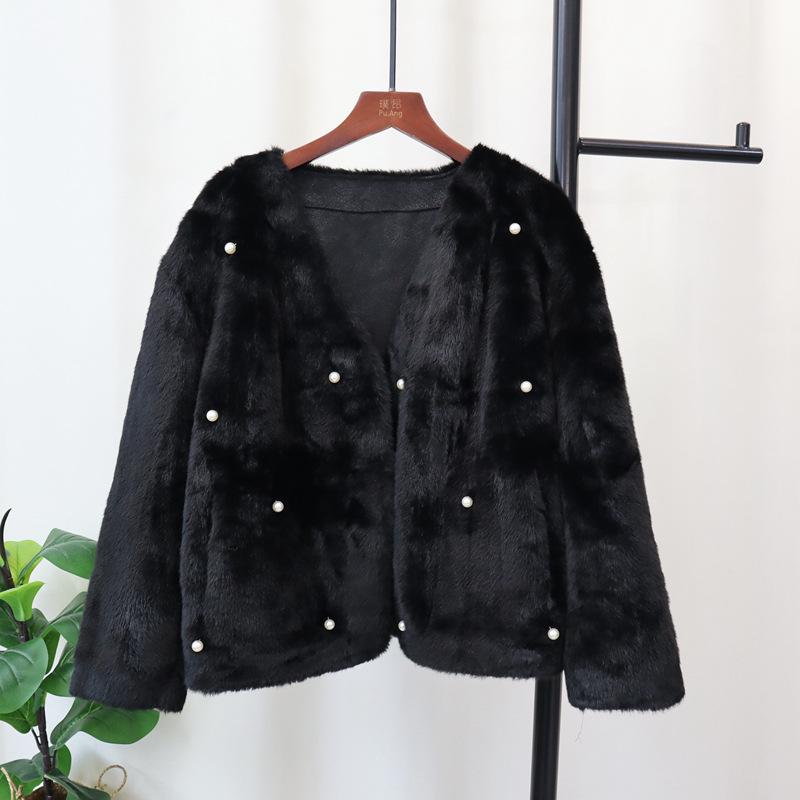 Heavy industry beaded fur integrated jacket autumn and winter new design temperament loose cardigan women