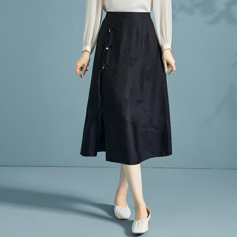 New Chinese Style Golden Chrysanthemum Silk Blend Jacquard Slit Midi Skirt 2XL