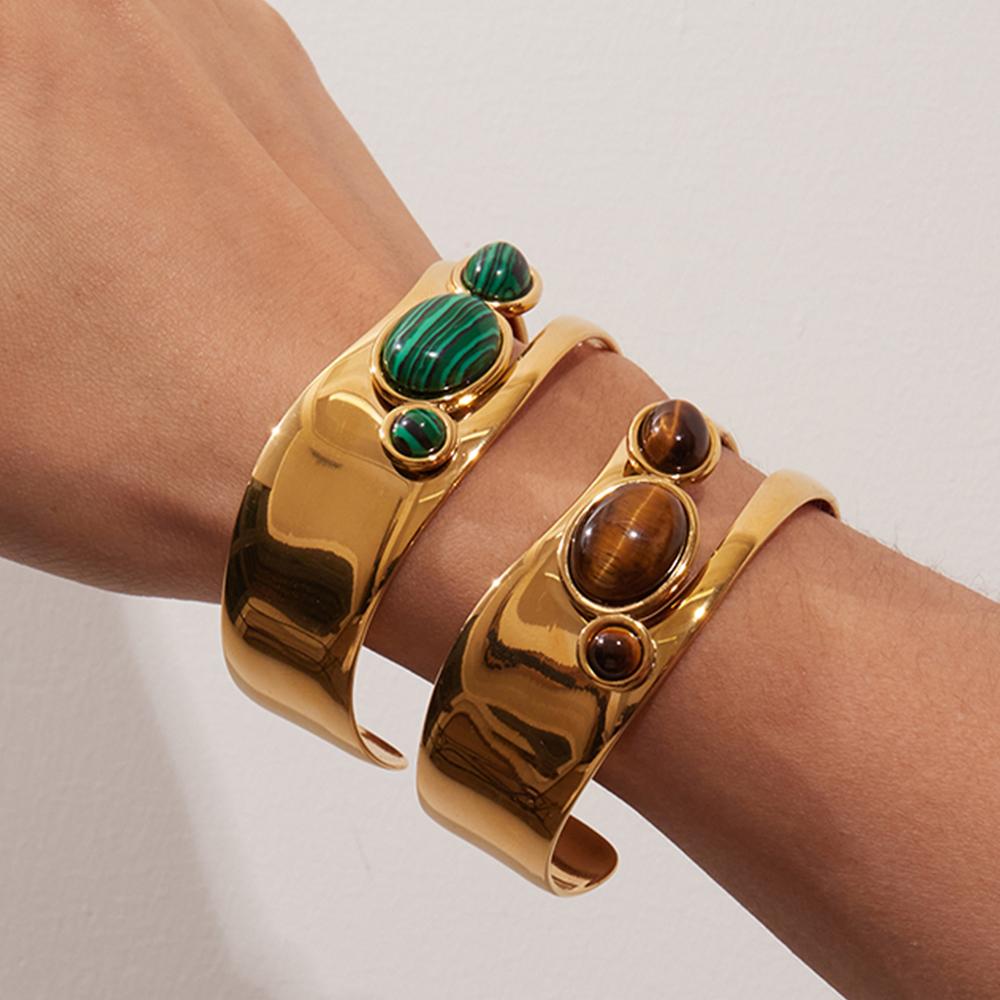 Vintage Stainless Steel Tiger Eye Stone Hollow Bracelet Women's Bangle Accessories