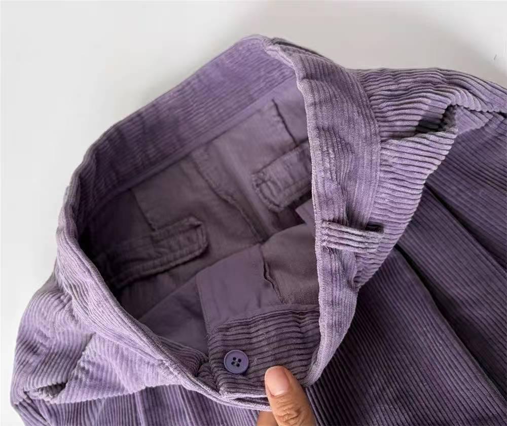 Yang Caiyu Inspired Lavender Corduroy High-Waisted Wide-Leg Pants - Autumn/Winter Retro French Style