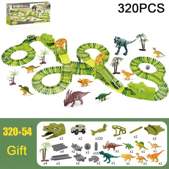 Dinosaur Themed Plastic Racing Track Set Bend Flexible Race Track with Electronic Car Educational Toys for Children