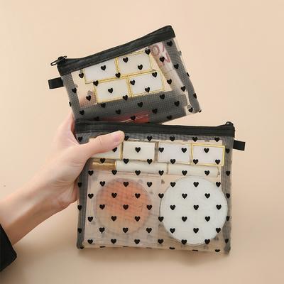 New Heart-Shaped Mesh Makeup Bag Portable Lipstick Makeup Brush Storage Bag Compact Visual Mesh Storage Pouch
