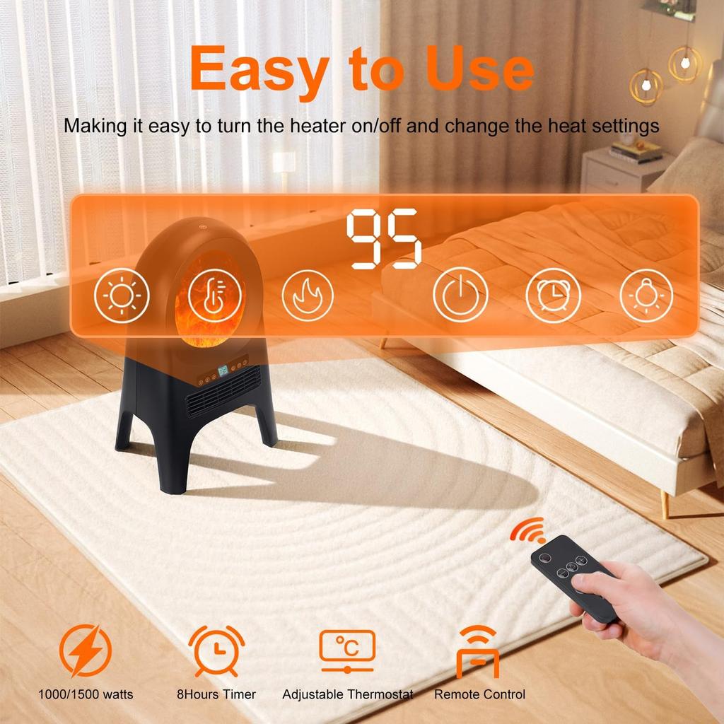 24' Portable Space Heater 1500W with 3D Flame, Remote, Thermostat, ECO Mode, Tip-Over & Overheat Protection