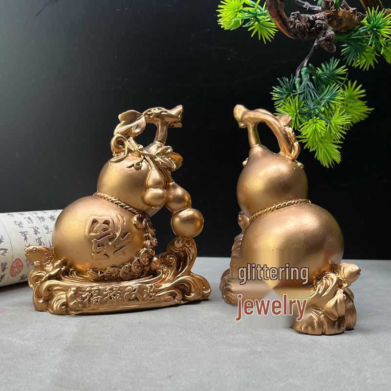 Double Fortune Bronze Gourd Ornaments - Feng Shui Prosperity Decor for Living Room or Shop.