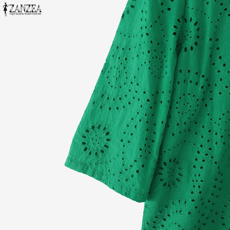 ZANZEA Dame Casual Rund Hals 3/4 Erme Løs Lappeteppe Heklet Bluse