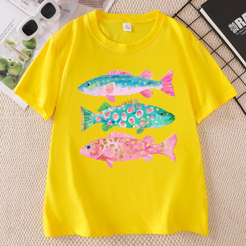 Preppy Fish Tshirt Unisex Summer Coastal Fish Beach Tshirts Causal Round Neck Printed Cotton Short Sleeve T Shirts Unisex Tops