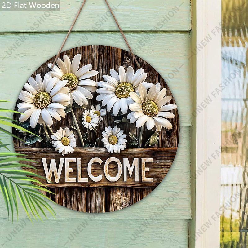 Daisy Welcome Round Wooden Hanging Sign, 2D Flat Printed Wall Door Ornament, Farmhouse Home Porch Decor Gift
