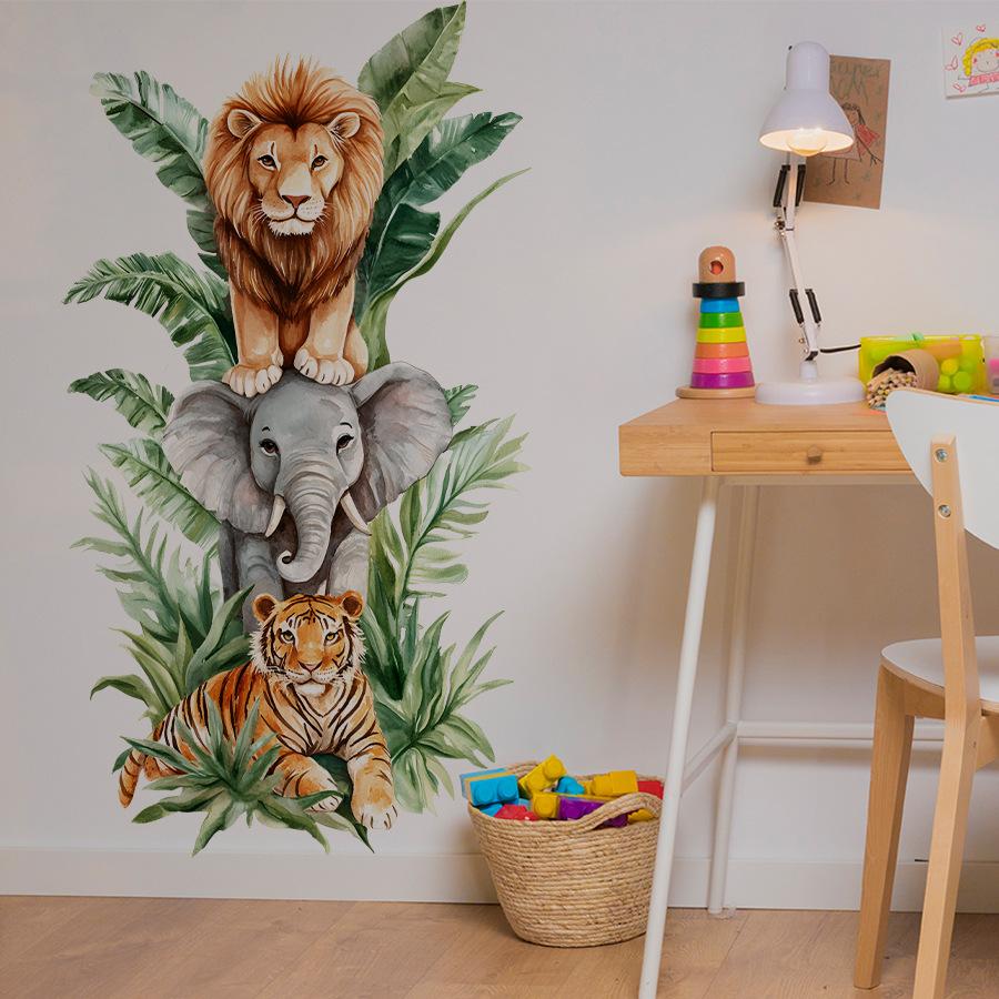 Stacked Jungle Animals Wall Stickers, Lion Elephant Tiger Self-Adhesive Decor for Kids Room Home Interior Decoration