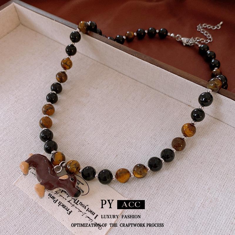 Cartoon Welpe Tigerauge Halskette: Koreanische Retro Vielseitige Pulloverkette High-End Schmuck für Frauen