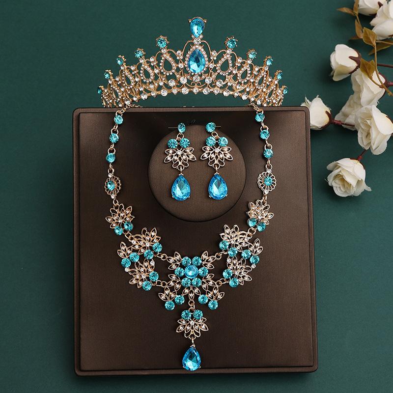 DIEZI Korean Sky Blue Crystal Crown Women Girls Headwear Luxury Bridal Bride Tiaras Necklace Earrings Wedding Party Jewelry Sets