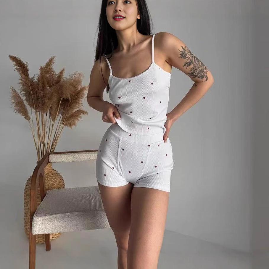 Damen-Strick-Pyjama-Set mit Herzmuster - Weste und elastische Shorts 2025