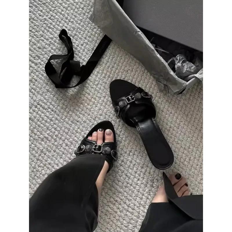 Fashion 2025 Summer Women's Studded Black Slippers Sexy Spice Punk High Heels Party Shoes