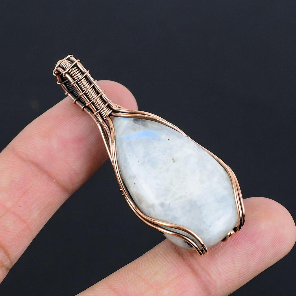 Rainbow Moonstone Gemstone Pendant | Oxidized Copper Wire Wrapped | Necklace Pendant | Handmade Copper Pendant Jewelry Gift For Her/himLC-316