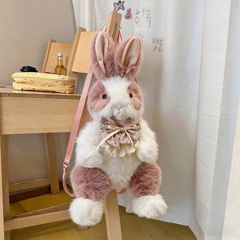 Cute Bowknot Plush Rabbit Backpack Realistic Long Fur Bunny Doll Cartoon Stuffed Animal Bag