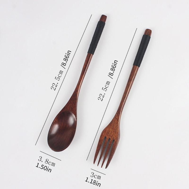 Japanese Style Long Handle Wooden Spoon And Fork Kitchenwares Set Portable Durable Utensils For Soup Serving Cooking Tool