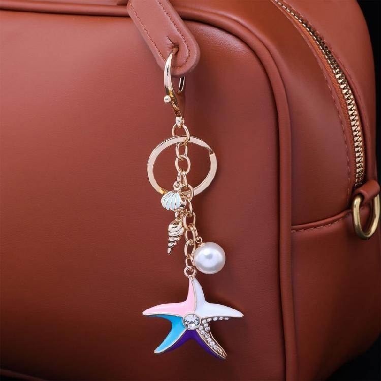 Sparkling Starfish Key Ring Zinc Metal Craftsmanship with Seashells Charm Keychain Pendant Beach Vacation Accessory