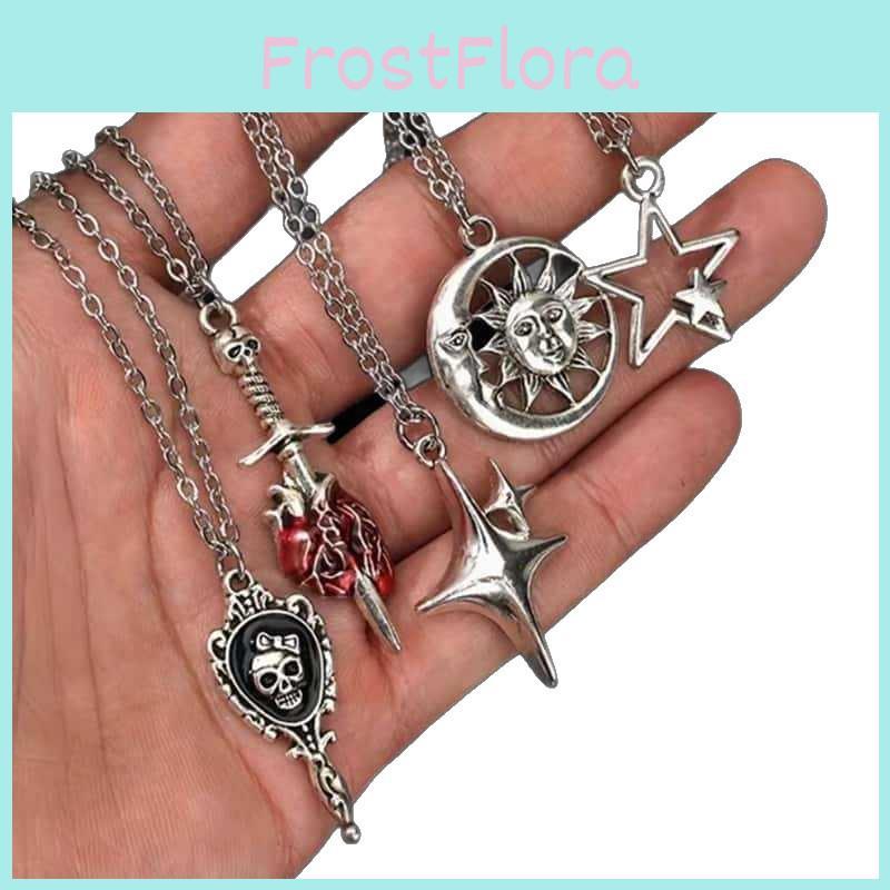 Gothic Punk Star Heart Moon Sun Skull Pendant Necklace For Women