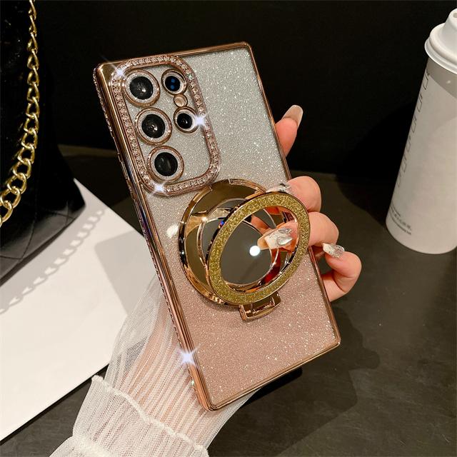 For Samsung Galaxy S23 Ultra Luxury Glitter Mirror Holder Flash Plating Diamond Frame Phone Case For Samsung S22 S24 Plus Cover