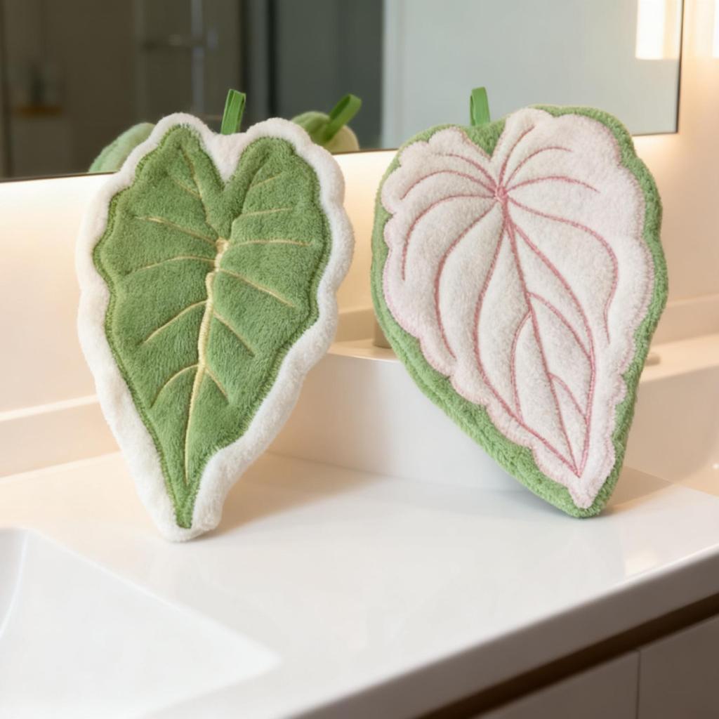 Leaf-Shaped Coral Fleece Hanging Hand Towel for Kitchen & Bathroom Cleaning