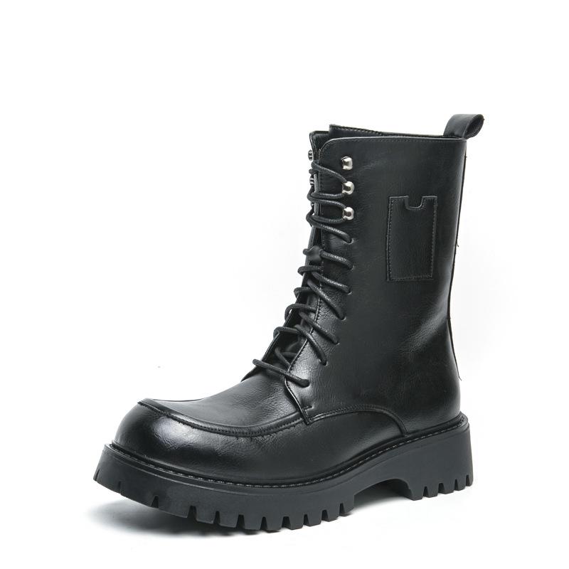 Men's British Style Leather High-Top Martin Boots - Autumn/Winter, Thick Sole, Height-Increasing, Long Lace-Up, Motorcycle Design.