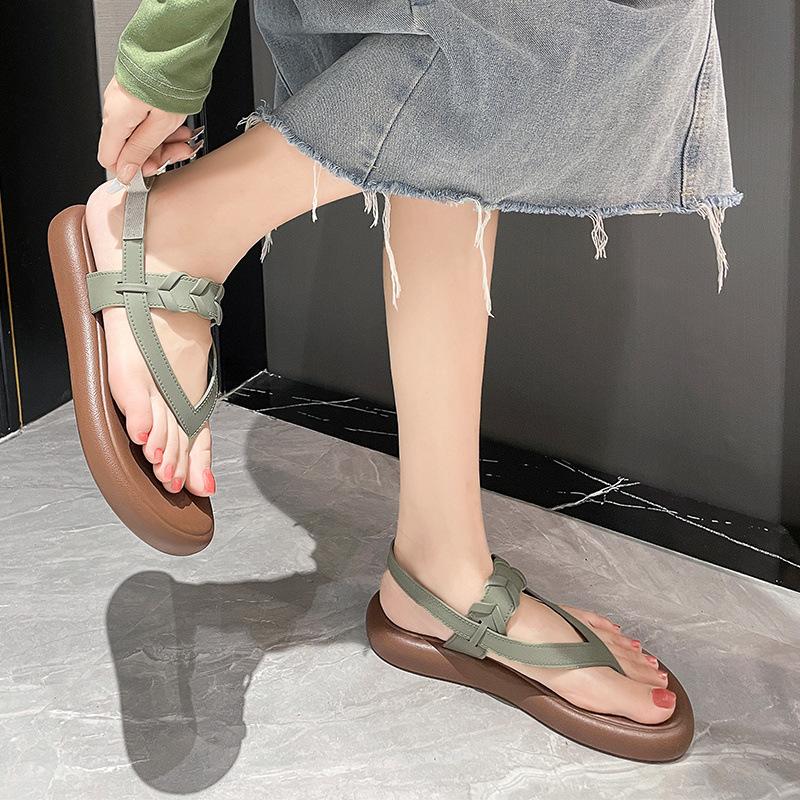 Sandale de vară pentru femei, nou model cu toc plat, talpă moale, stil vânt parfumat, vară, pentru ieșit, culoare uni, pantofi romani, papuci de plajă