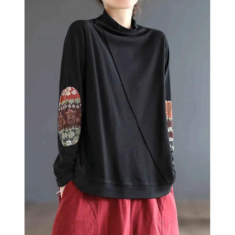 Maillard velvet long-sleeved semi-turtleneck long-sleeved bottoming shirt popular splicing design sticker T-shirt women