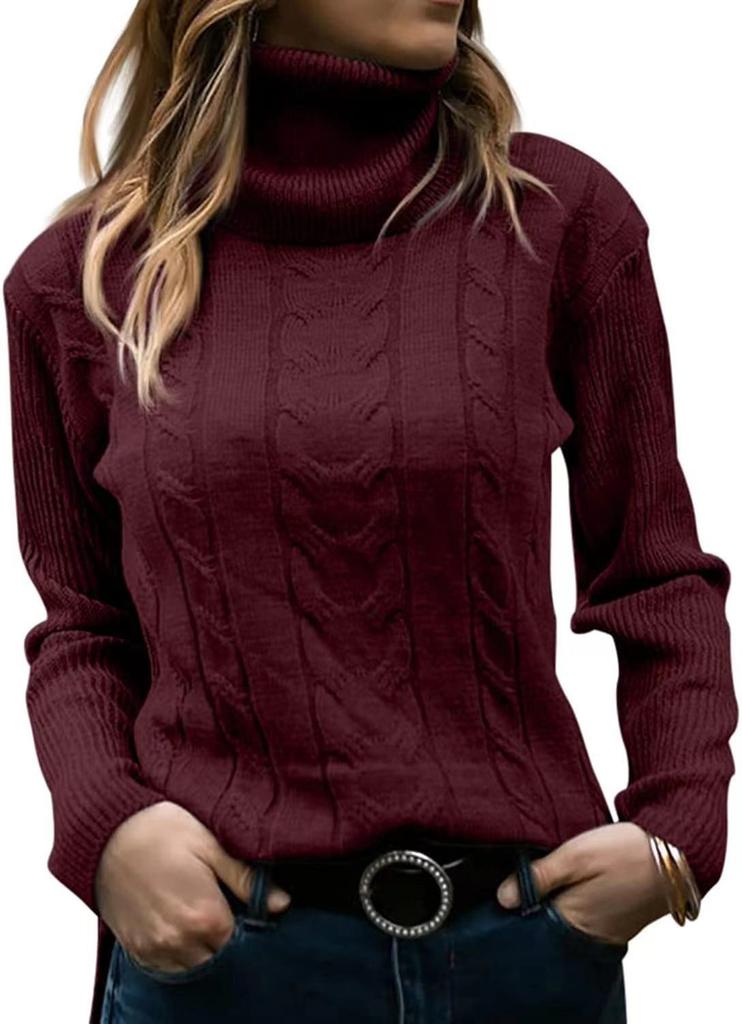 Retro Women's Fall/Winter Solid Color Turtleneck Cable Knit Pullover Sweater Thick Warm Relaxed Slimming Long Sleeve Top