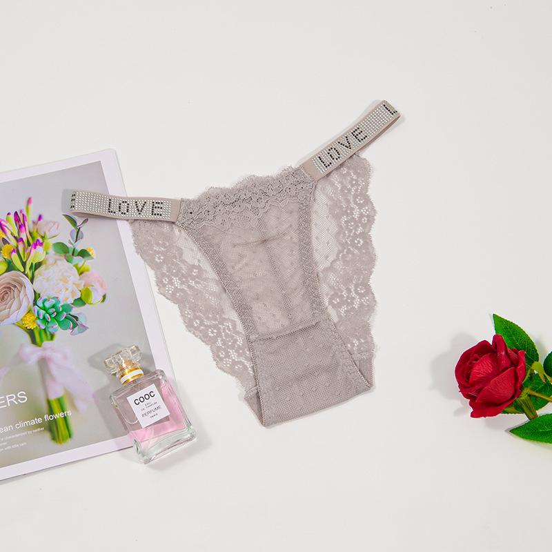 Hot Diamond Sexy Lace Underwear Women's Double Belt Thongs Diamond Decoration Hot Simple Breathable Hollow Lightweight Bikini Panties