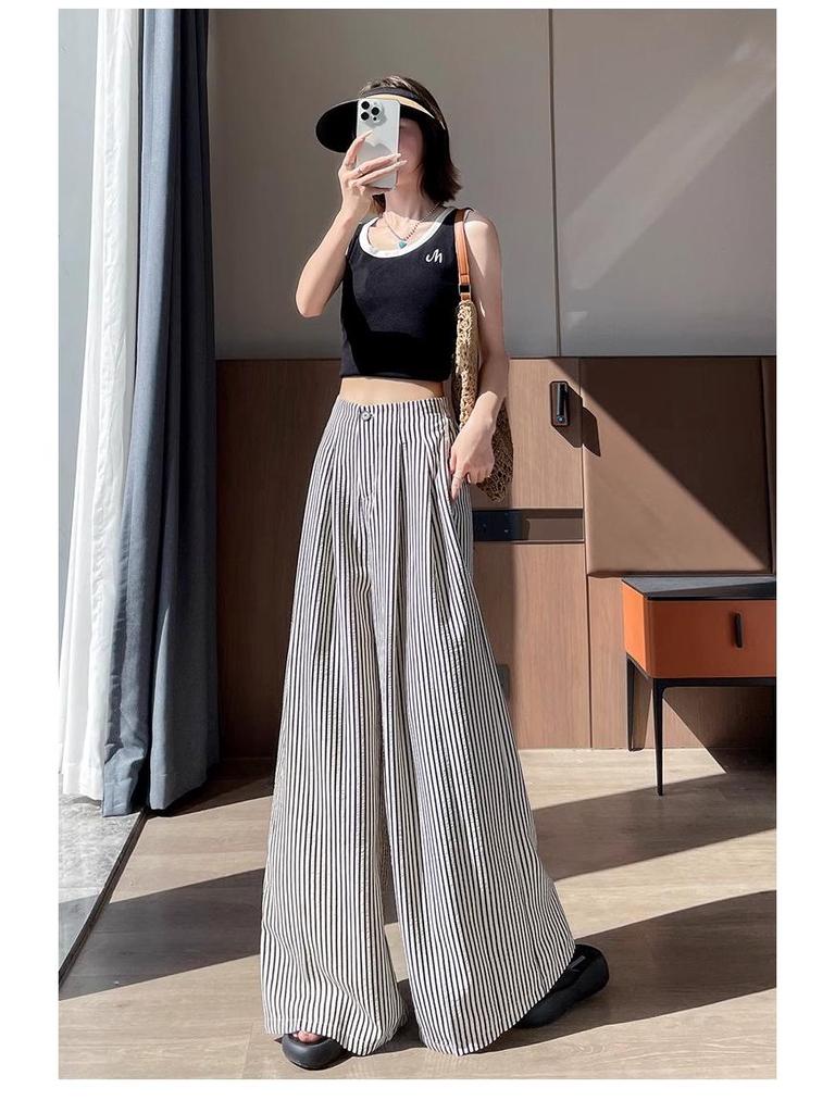 Spicy Girl 2025 Summer Ice Silk Striped Wide-Leg Pants - Plus Size, Casual, Hip-Hugging, Lazy Style