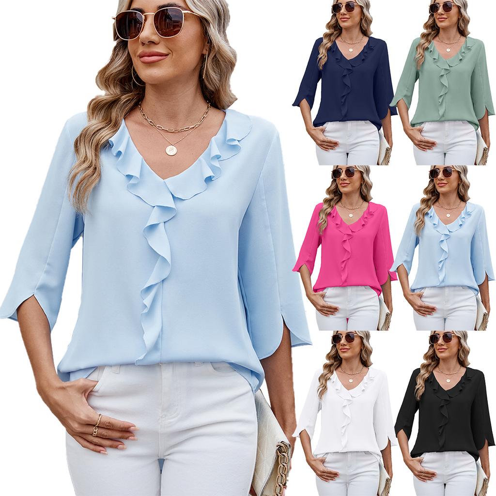 2025 Ruffle Blouse - Women's V-Neck Crinkle Chiffon Top