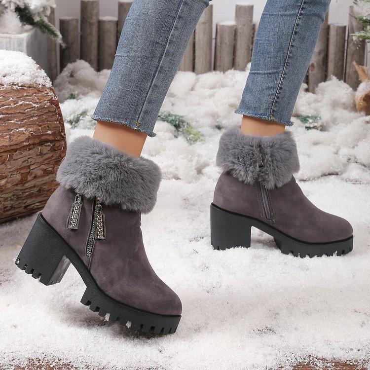 Square Heel Women Winter Shoes Classic Buckle Warm Fur Snow Ladies Boots High Heels Black Platform Ankle Boots