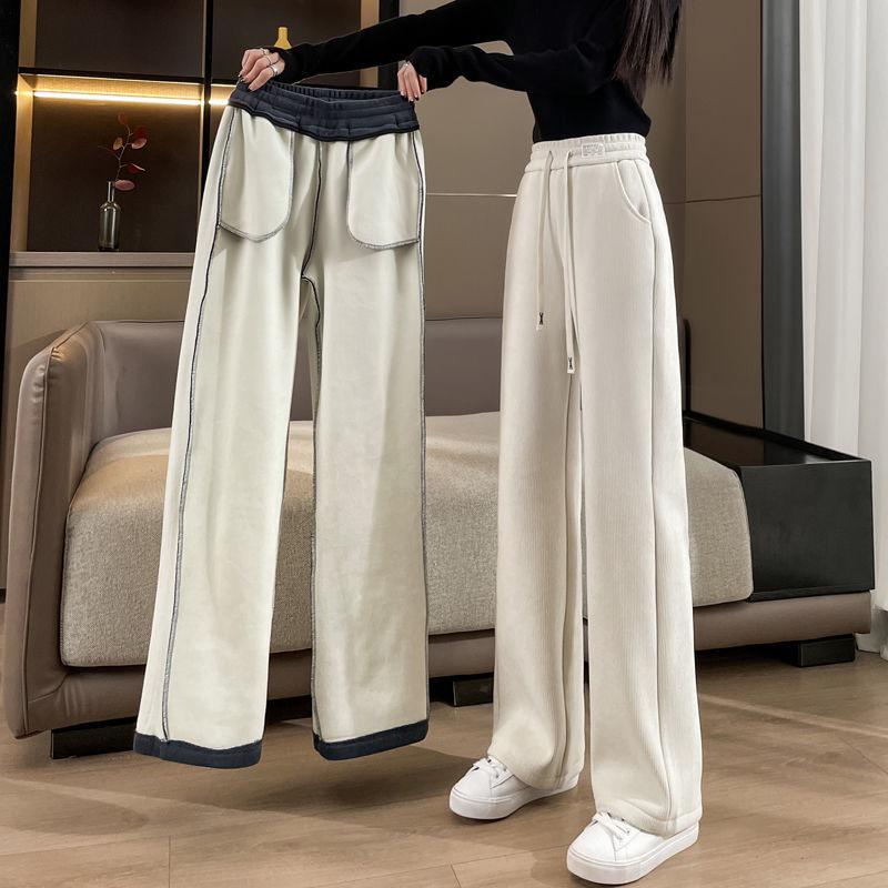 2025 New Fleece-Lined Thick Wide-Leg Straight Pants - Plus Size, Slimming, Casual Sportswear for Autumn/Winter