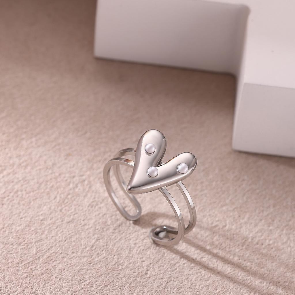 Doppellagige Breitring aus Edelstahl für Damen, Goldfarbe, Geometrisches Herz, Imitation Perle, Zirkonring Schmuck Party