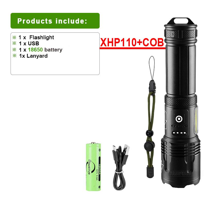 Side Light Flashlight Super Bright XHP110 LED+COB Torch Rechargeable Flash Light Waterproof Lamp Zoomable Lantern