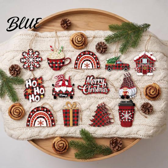 Lightweight Holiday Decorations 12Pcs Wooden Christmas Ornaments Buffalo Plaid Hanging Decor with Gnome Office Home Party Supplies Snowflake
