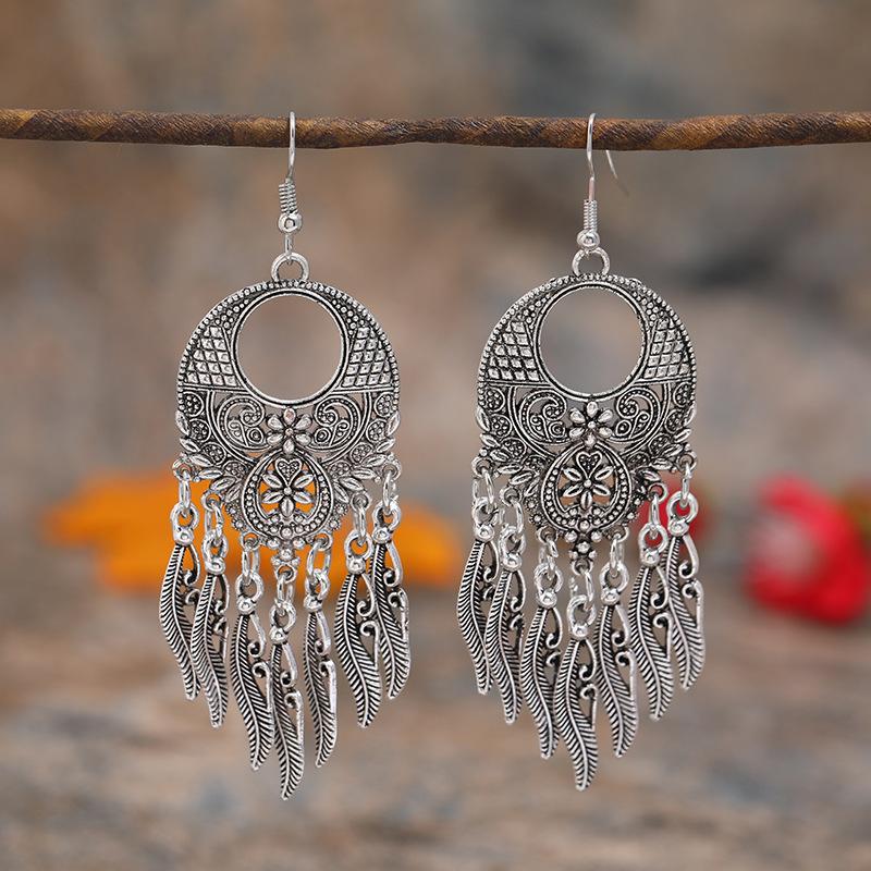 Retro Tibetan silver fringed earrings women's long temperament versatile earrings fashion personality vacation earrings