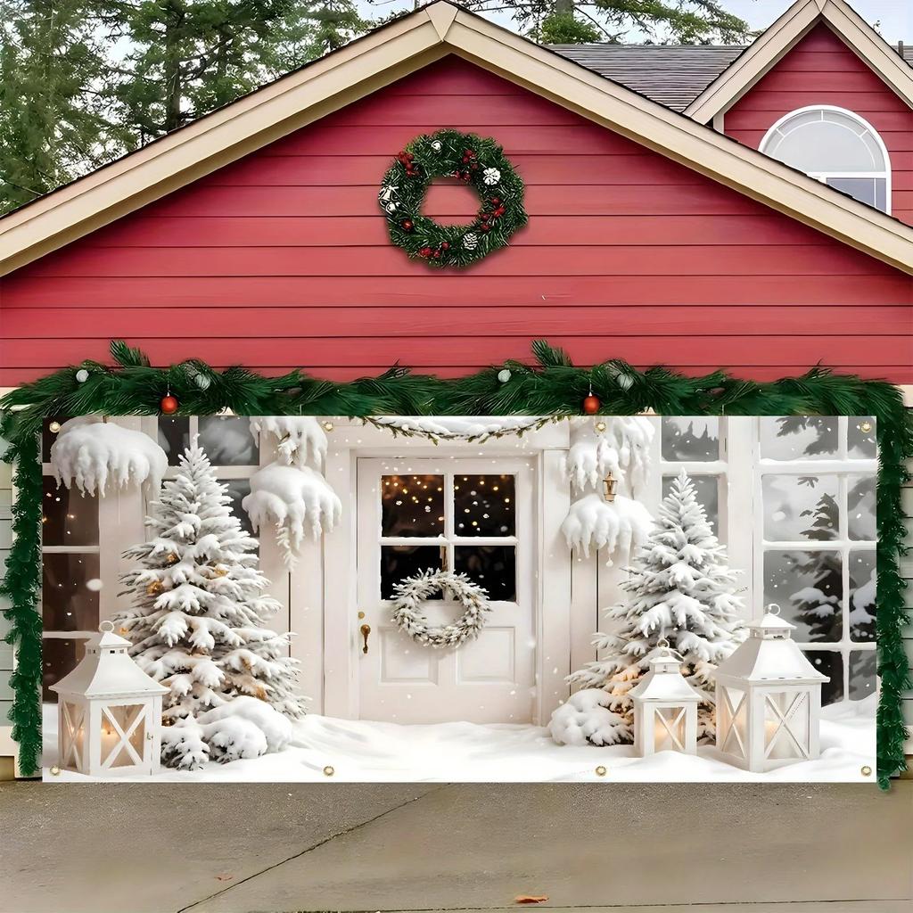Ein weihnachtliches Garagentor-Banner im Stil eines Winterwunderlandes, Hintergrund mit Schneeszene aus Polyester, Feiertags-Wanddekoration
