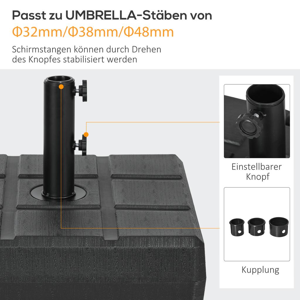 Parasol stand, fillable up to 40 kg, parasol stand with handle, square, parasol holder, black