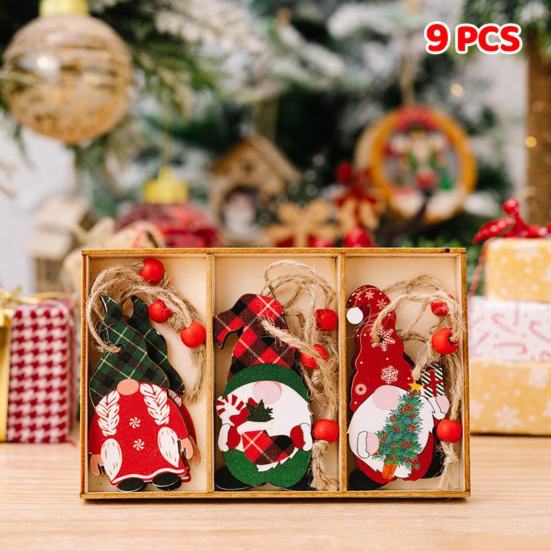9/12PCS Wooden Christmas Decorations Set - Pure Wood Pendants Xmas Tree Ornaments