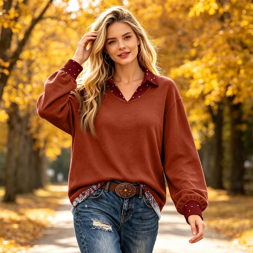 Women's Two-Piece Top with Lapel Collar and Colorblock Patchwork Design for Casual Wear