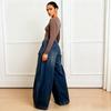 Wide Leg Pants Women Vintage Denim Jeans Punk Style Loose Trousers Stretch Mid Waist Washed Distressed