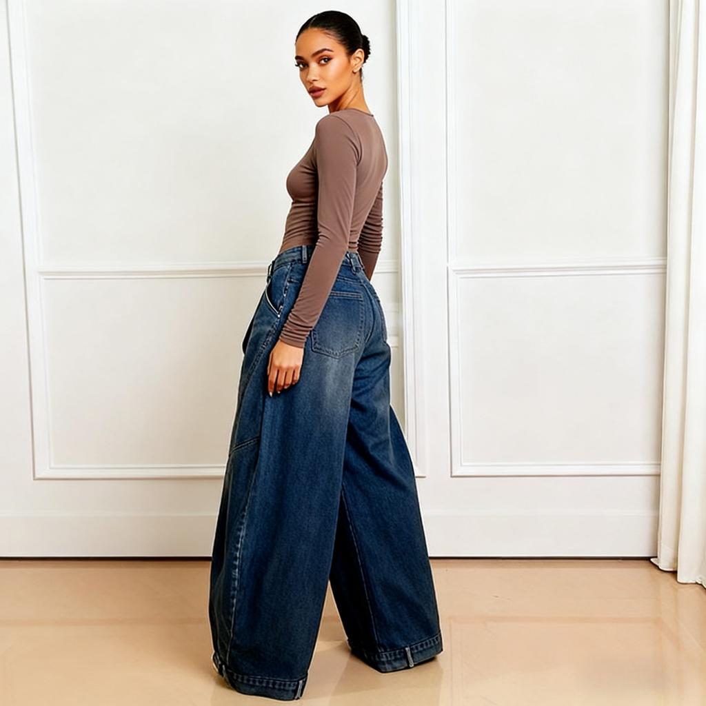 Wide Leg Pants Women Vintage Denim Jeans Punk Style Loose Trousers Stretch Mid Waist Washed Distressed