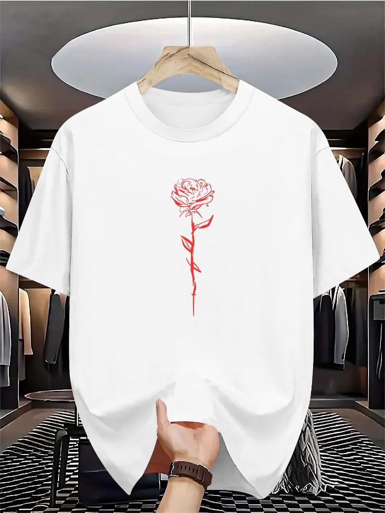 Unisex Summer White Short Sleeve T Shirt Minimal Red Line Art Rose Graphic Crew Neck Loose Casual Streetwear Daily Fashio Unisexs Tops