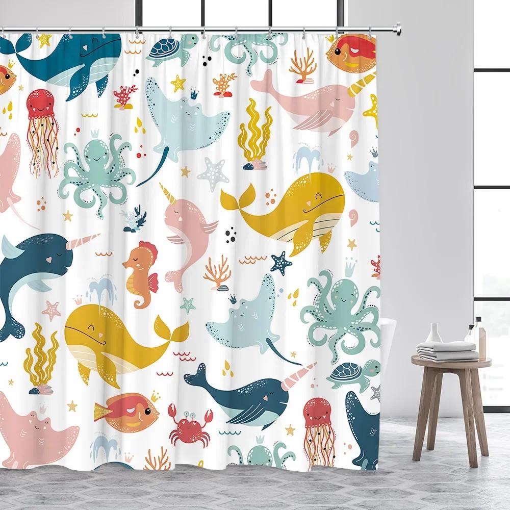 

Cartoon Animals Kids Shower Curtains Cute Dogs Pet Ocean Fish Sea Turtle Whale Octopus Child Bathroom Curtain Decor With Hooks W60H190(CM)-1 Pcs