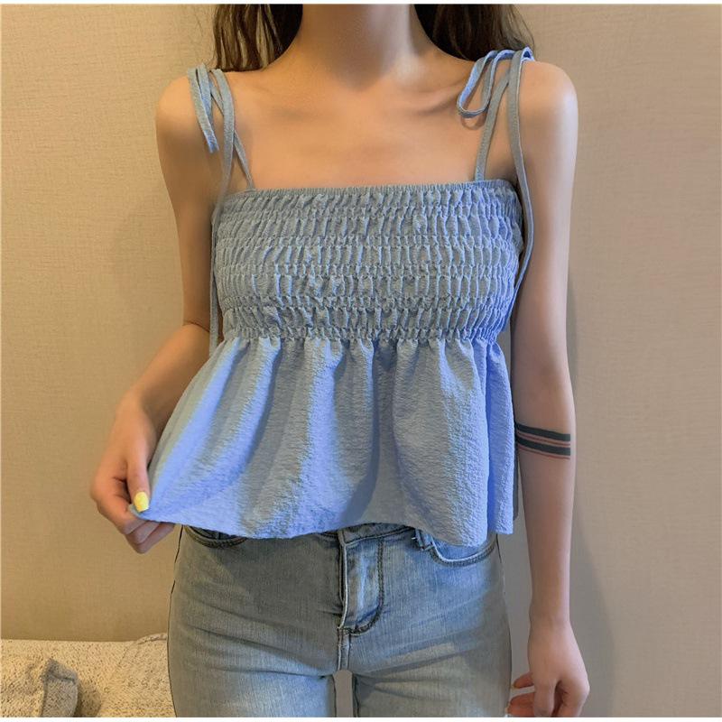 Summer 2026 Korean-Style Solid Color Lace-up Pleated Collar Slimming Camisole