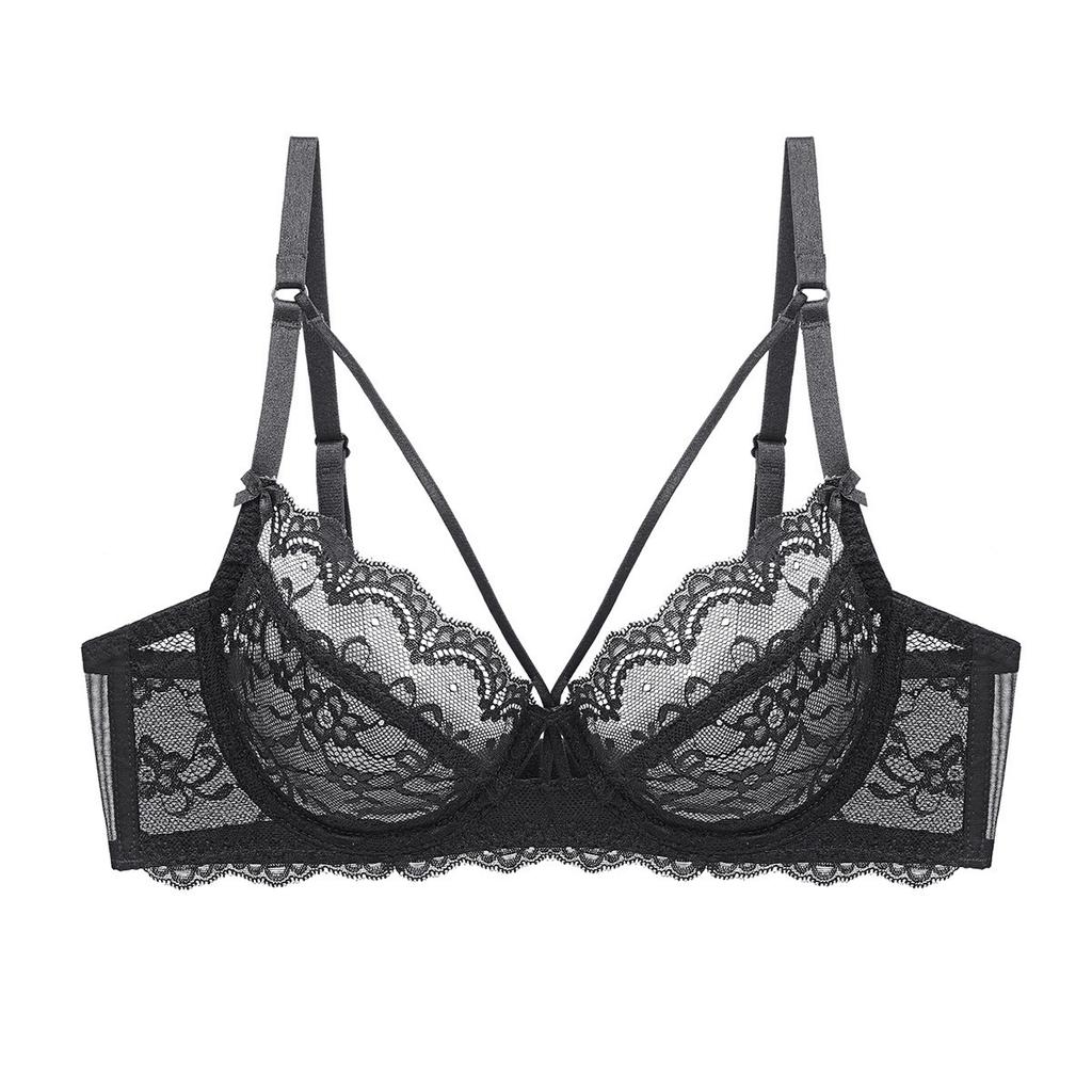 French Underwear Women's Sexy Ultra-thin Sponge-free Transparent Lace Underwear Large Chest Small Large Size Bra Cover Bra