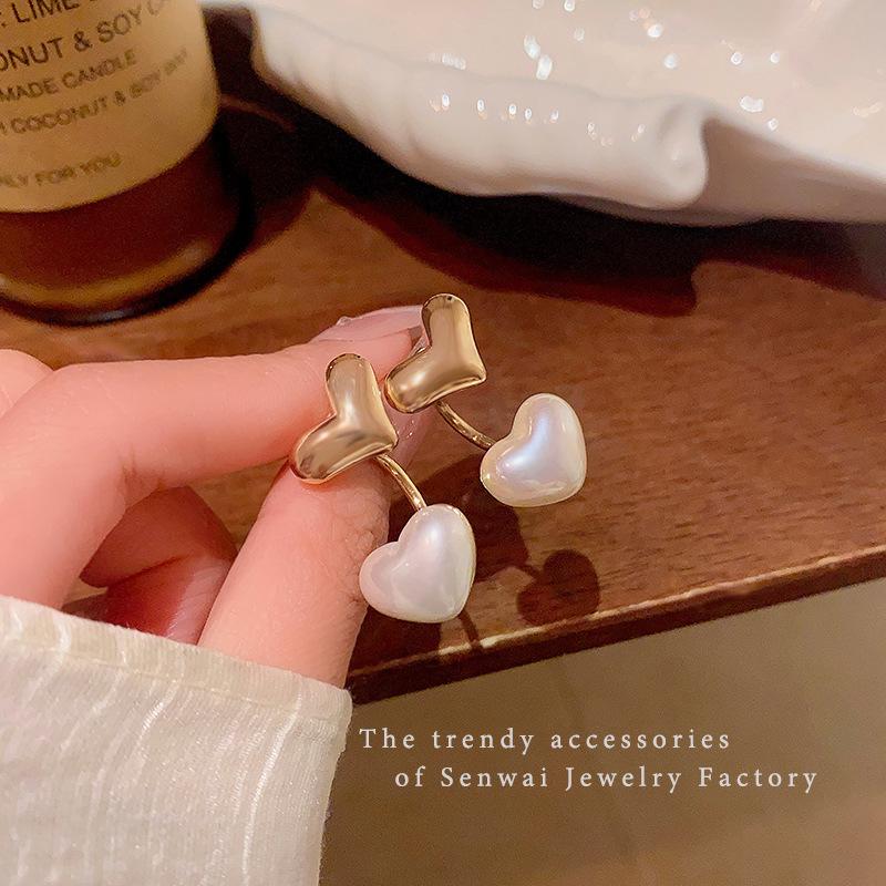 Silver needle pearl love earrings femininity a two-wear stud earrings Hong Kong style earrings wholesale