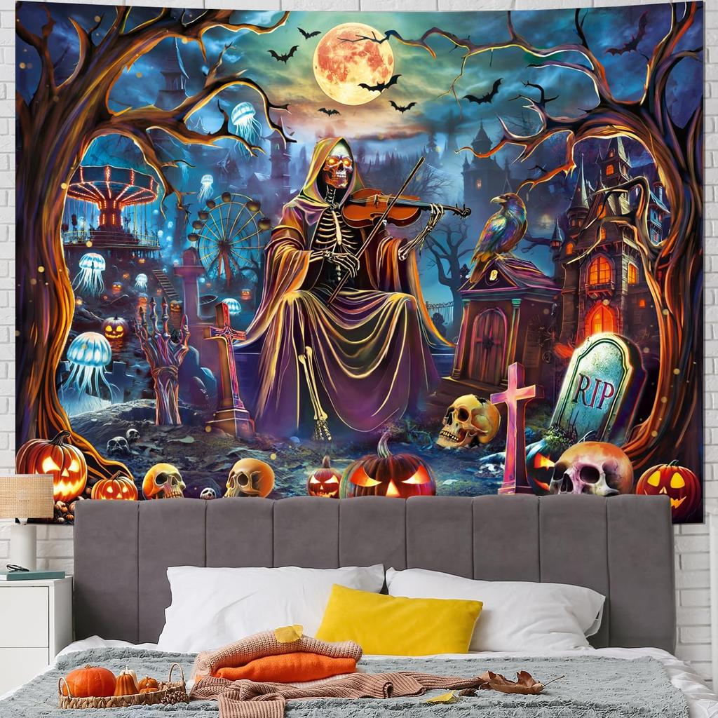 Yuiqear Blacklight Skull Tapestry UV Reactive Halloween Tapestries Psychedelic Moon Castle Tapestries Horror Pumpkin Tree Tapest