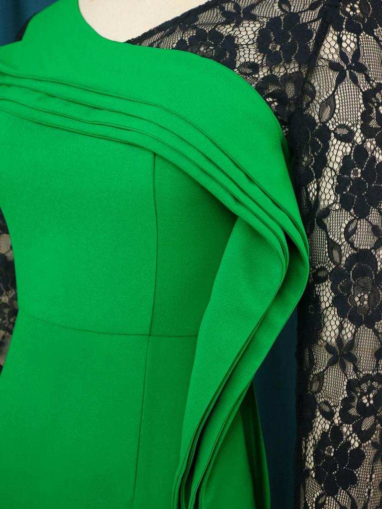 AOMEI Elegant Evening Dresses for Women Lace Patchwork Green Trim Ruffles Ankle Length Office Lady Cocktial Event Occasion Outfits Large Size